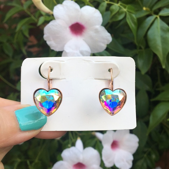 Aurora Borealis Crystal Heart + Rose Gold Drop Earrings - Picture 7 of 10